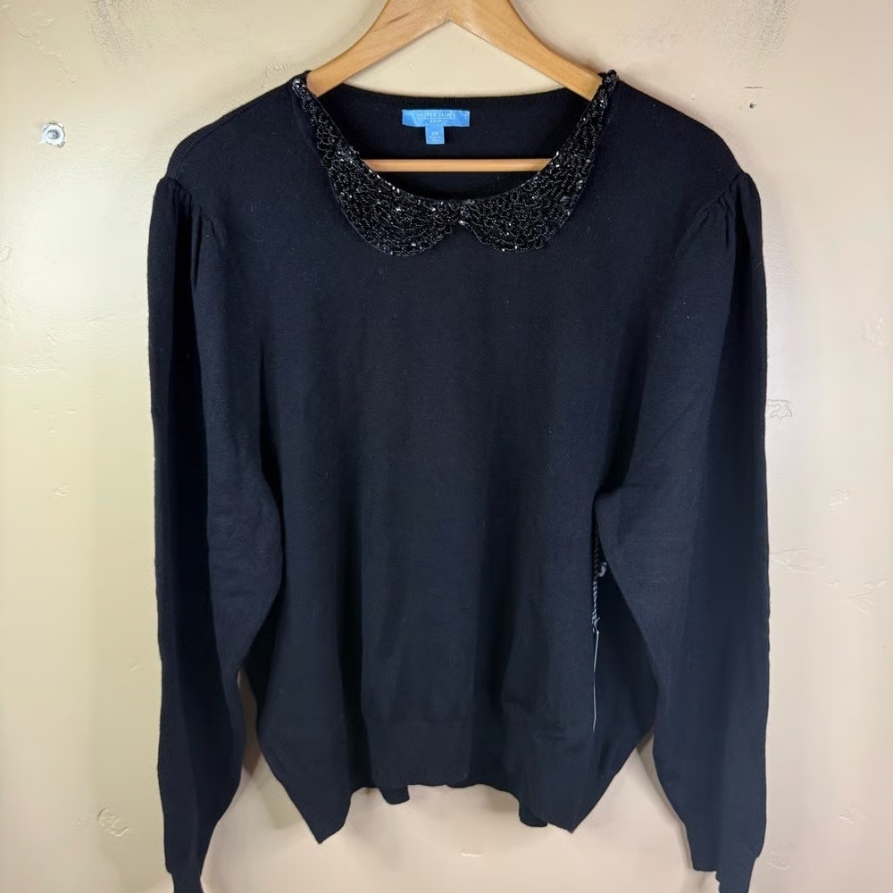 Draper James RSVP New Size L Black Removable Beaded Collar Long Sleeves Sweater - Picture 6 of 10